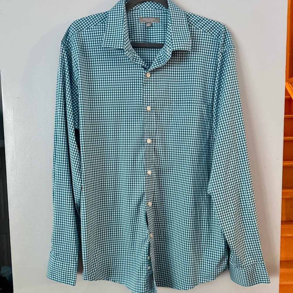 💥Men”s Cole Haan Blue-Green Gingham Casual Wrinkle-Free Shirt
